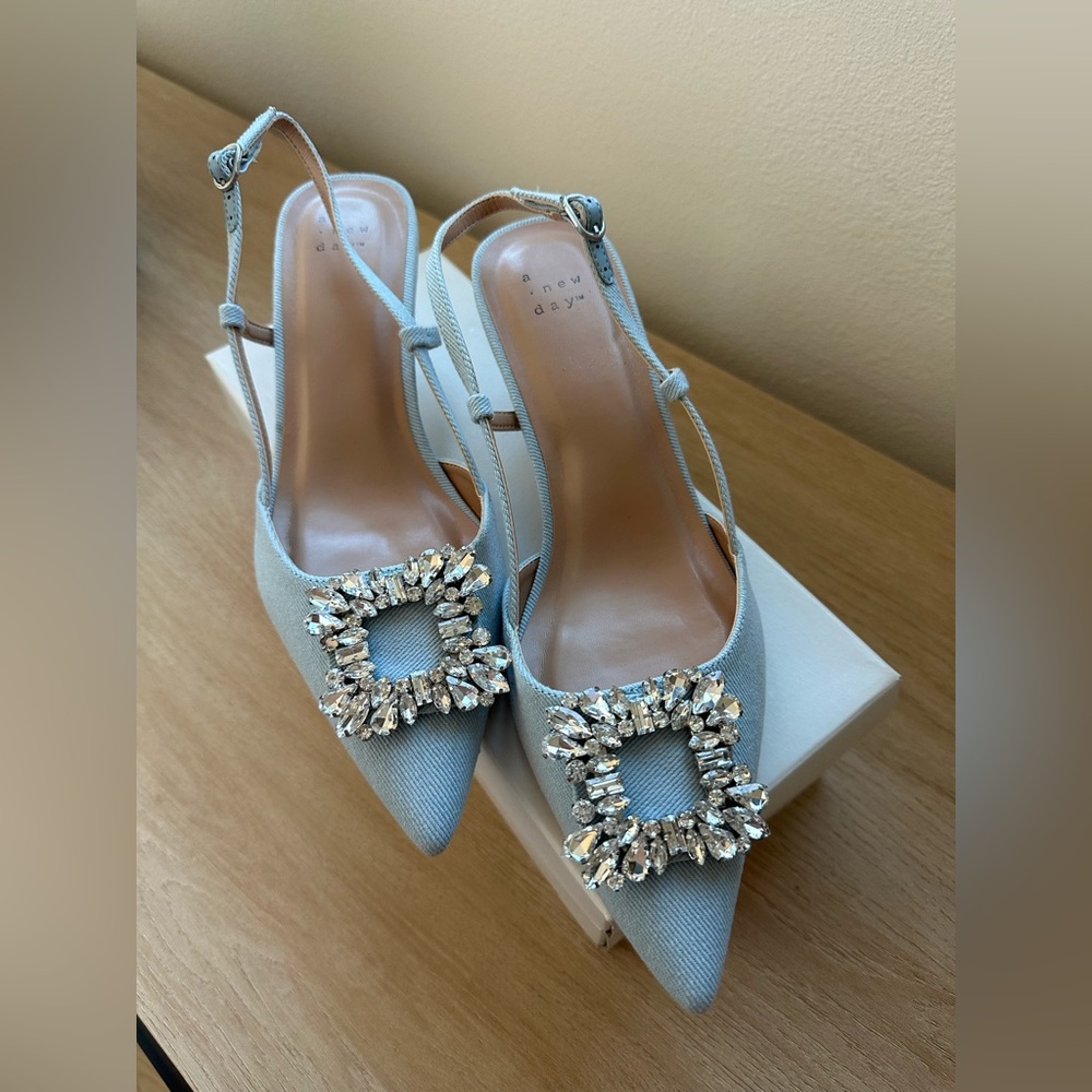 A New Day Sky Blue Slingback Heels with Crystal Accents
